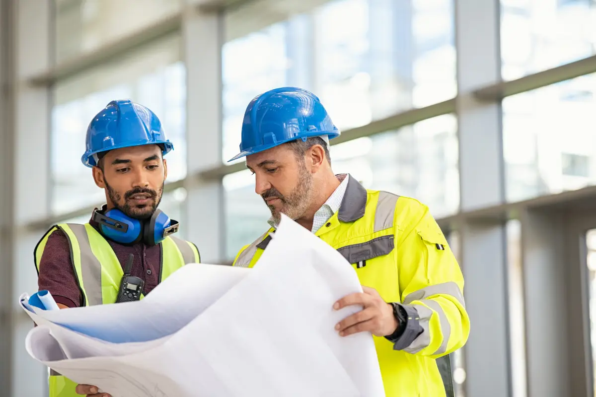 Construction team reviewing blueprints inside an unfinished space